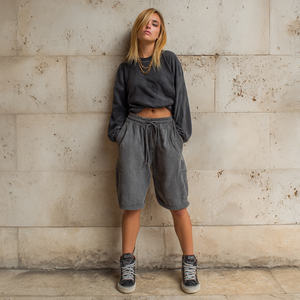 Shorts de survêtement pour femmes à taille haute, délavés à l'acide, jambes larges, style cargo, surdimensionnés, lavage vintage, vêtements de mode de haute qualité - Product Image 6