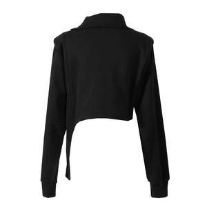 Top de Manga Larga de Lana Peinada, Cuello Alto con Cierre Inclinado, Dobladillo Irregular, Ajustado a la Cintura, Largo Regular, Informal para Otoño e Invierno, Gran Venta - Product Image 2