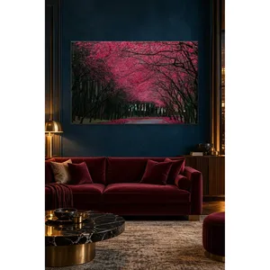 Camino forestal de Fida con árboles en flor rosas, impresión en lienzo - Product Image 1