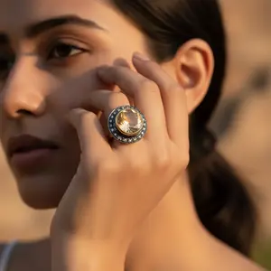 Anillo de Citrino Amarillo para Mujer, Incrustaciones de Latón, Acero Inoxidable, Moderno y Elegante - Product Image 3