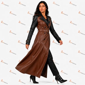 Tiierwear <b>Women's</b> Faux Leather Maxi Trench <b>Coat</b> <b>Double</b> <b>Breasted</b> Notched Collar Full Sleeve Windproof Autumn Outerwear - Product Image 3