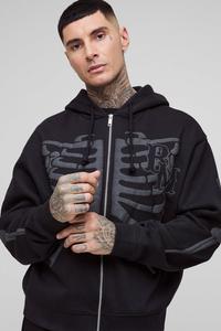 เสื้อมีฮู้ดสำหรับผู้ชายสีดำโอเวอร์ไซส์แบบรูดซิปพิมพ์ลายโครงกระดูกเสื้อผ้าแนวสตรีทแบบเรียบง่ายโลโก้ออกแบบได้ตามต้องการ - Product Image 4