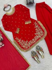 ชุดชาราร่าสีแดงผ้าจอร์เจตต์สวยหรูสไตล์อินเดีย-ปากีสถาน ชุดชาราร่าแบบหนักแน่นสำหรับงานปาร์ตี้ งานแต่งงาน หรือใส่ลำลองสำหรับผู้หญิง - Product Image 2