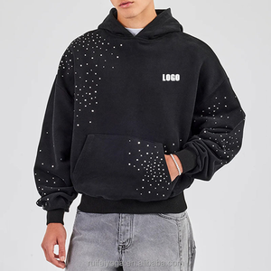 Sudadera con capucha con logotipo personalizado y hombros caídos French Terry Heavyweight 100% algodón 450 Gsm con lavado ácido recortado Boxy Fit Rhinestone para hombres - Product Image 1