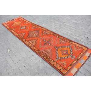 Tapis turc en laine Herki 2,9x10,6 pi (88x324 cm) écologique avec patchwork et support en latex, orange ombré, tapis traditionnel vintage - Product Image 2