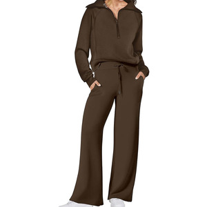 Ensemble de survêtement décontracté pour femme, 2 pièces, demi-zip, dernière tendance, très demandé, respirant, 100% coton - Product Image 1