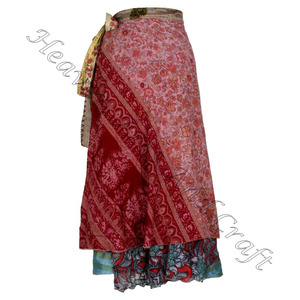 Falda envolvente de seda estampada Vintage Sari Beach Dress Wrap Faldas 2 capas Reversible Magic Silk Saris Wrap Falda larga Vintage Silk - Product Image 5