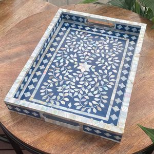 PREMUIME CALIDAD CHIRSTMASE Bandeja con incrustaciones de hueso decorativo con diseño floral Bandeja de servicio de forma cuadrada - Product Image 1