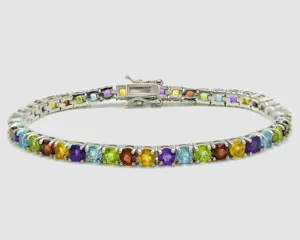 美丽的天然石榴石紫水晶多石圆面网球手链925纯银珠宝批发商来自印度