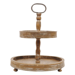 Plateau rond en bois écologique à 2 niveaux Support décoratif pour gâteau Décoration de luxe Plateau de table en bois de manguier naturel avec poignée en métal - Product Image 6