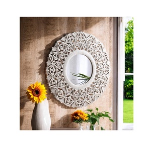 Meilleure vente miroir mural de courtoisie rond blanc vieilli fabriqué à la main en bois pour l'approvisionnement mondial de l'Inde - Product Image 1