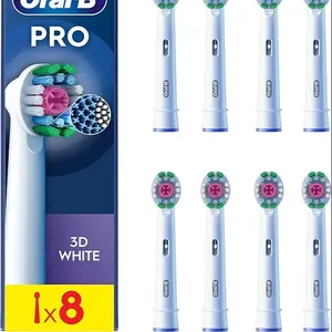 Oral-B Pro 3D白色电动牙刷头，用于牙齿美白和去除表面污渍的抛光杯，一包8个，白色