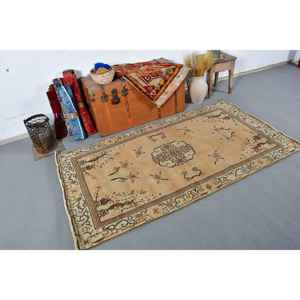 Tapis turc vintage, tapis de 3,6 x 6,46 pieds, tapis Ikat à accents bruns - Product Image 2