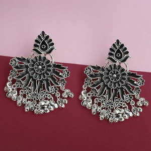 Tip Top Fashions 1314249E Boucles d'oreilles lustre afghan Meenakari noir Plaqué argent Style chic et élégant - Product Image 1