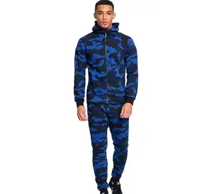 Logo personnalisé unisexe Cool extérieur Camouflage impression Zip & Drawstring Hoodie Jogger bleu Camouflage Survêtements pour hommes