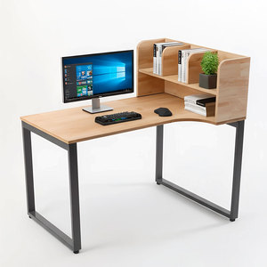 Modern Rubber Wood Computer <b>Table</b> with Iron Legs & Integrated Bookshelf Easy Assembly BD68097 - Product Image 1