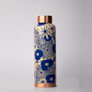 Amazing Blue Floral Design Printed Copper <b>Water</b> <b>Bottle</b> with Lid Ayurvedic Metal <b>Bottle</b> for Wellness <b>Bulk</b> Supply for Gifting - Product Image 1