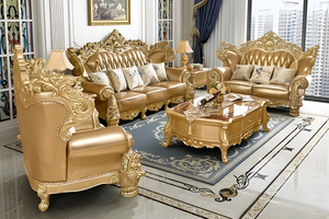 Muebles de Sala de Estar Clásicos de Lujo, Juego de Sofás de Madera de Caoba Tallada a Mano con Mesas en Acabado Dorado - Product Image 2