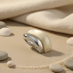 <b>Stainless</b> <b>Steel</b> Cocktail <b>Ring</b> With Natural Shell Inlay Rhodium Plated Coastal Style Unisex Jewelry - Product Image 1