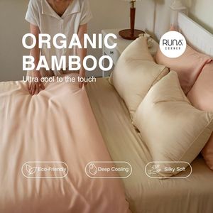 Juego de 4 piezas de sábanas de bambú orgánico Cream 300TC, 2 fundas de almohada, funda nórdica, sábana bajera, tamaño King/Queen, para todas las estaciones - Product Image 1