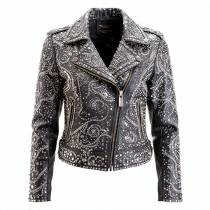 Chaqueta de motorista de cuero con diamantes de imitación de Letterman, ropa de moda para mujer, chaquetas de cuero con tachuelas plateadas para mujer - Product Image 1