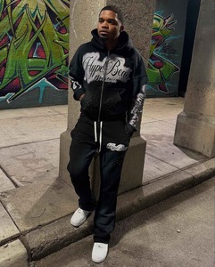 Tendance personnalisé hommes 100% coton lourd en détresse recadrée acide lavé surdimensionné fermeture éclair pantalon de survêtement et ensemble de sweat à capuche - Product Image 1