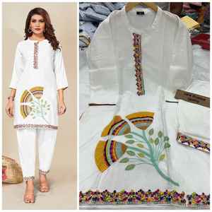 Beau coton de rayonne lourd avec un beau travail de broderie à l'avant sur le dessus avec un ensemble de cordon de pantalon décontracté robe quotidienne régulière - Product Image 5