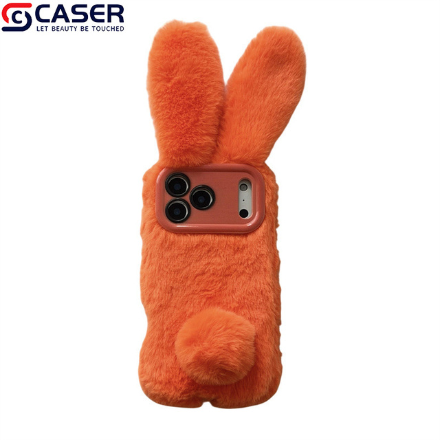 Orange Cute Plush Bunny Ear Camera Stand Keep Warm Furry Mobile Phone Cases for Iphone11-17pro/promax