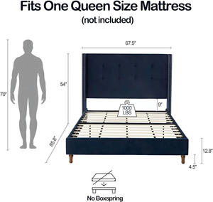 TRIHO-HB-073 Luxury Queen Bed Frame with 54" Tall Wingback Headboard, Blue Velvet Upholstered Bed, Button Tufted, No Box Spring - Product Image 3