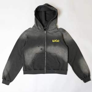 Oem personalizado 400gsm 500gsm algodón blanco Hoody ácido lavado Zip up desgastado Sudadera con capucha Sun Fade Hoodie chaqueta para hombres - Product Image 1