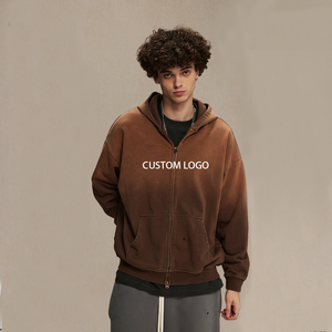 Hiver 2024 Streetwear en coton tricoté à capuche zippé oversize, brodé, délavé, vieilli, effet délavé à l'acide, 450 g/m², vintage, écologique - Product Image 2
