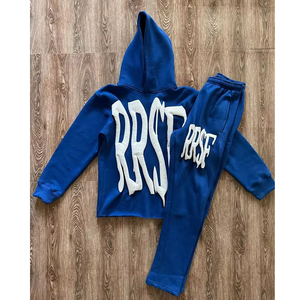 Conjunto de 2 Piezas de Chándal con Estampado Desgastado y Bordado Personalizado Unisex, Sudadera con Capucha de Algodón Lavado al Ácido de Talla Grande para Hombre, Estilo Casual - Product Image 2