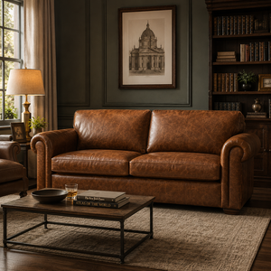 Vintage Brown Genuine Leather <b>Sofa</b> 2 Seater | Midcentury Modern Sectional Villa Style Foam-Filled 3-Year Warranty Home Furniture - Product Image 2