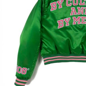AKA giacca Varsity verde con maniche all'ingrosso giacca Bomber alla rinfusa di abbigliamento personalizzato da sorellanza produttore HBCU Divine nove - Product Image 3
