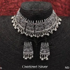 Designer Fancy Style Feestkleding Mooie Geoxideerde Sieraden Choker Geoxideerde Zilveren Ketting Set