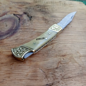 Couteau pliant multifonctionnel damas fait à la main avec poignée en os couteaux de poche avec gaine en cuir - Product Image 5