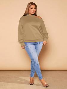 Sudadera de hombro recortada con diamantes de imitación de talla grande para mujer, jersey de cuello alto, manga larga, caqui, ajuste holgado, diseño de ropa de calle a la moda - Product Image 5