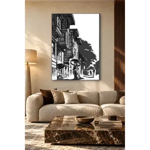 Impression sur toile Fida : Maisons avec baie vitrée noir et blanc et femme avec parapluie - Product Image 5