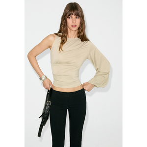 Blusa de mujer ETHIQUET ZEKONE de tela suave y elástica con manga murciélago y detalle fruncido en la cintura - Product Image 3