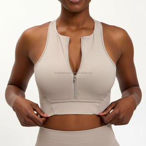Custom Front Zipper Sports <b>Bra</b> High Neck Yoga Top Beige Athletic Crop Top Racerback Gym <b>Bra</b> Sleeveless Workout Wear for Women - Product Image 5