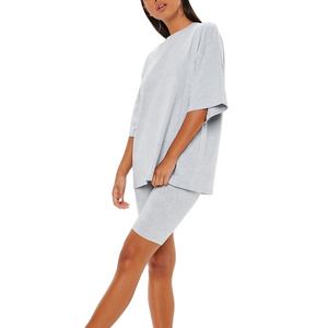 Pakistán mejor precio mujer verano manga corta Camiseta pantalones cortos conjunto Color sólido 100% algodón decorado con botones - Product Image 3