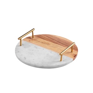 Plateau de service en marbre blanc et en bois avec poignée en métal aux prix de vente directs d'usine avec les tailles de 11x2.5 pouces - Product Image 1