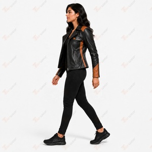 Women's Genuine Leather Moto <b>Jacket</b> Black With Brown Contrast Panels Zipper Closure Stand Collar Autumn Style - Product Image 3