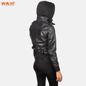 Blouson d'aviateur en cuir noir véritable pour femmes Vêtements d'extérieur d'hiver décontractés, élégants et chauds, col montant, fermeture à glissière, capuche amovible - Product Image 5