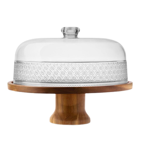 Single Tier Wooden <b>Cake</b> <b>Stand</b> with Glass <b>Dome</b> Lid <b>Cake</b> Server Custom Design Christmas Anniversary Birthday Parties - Product Image 1