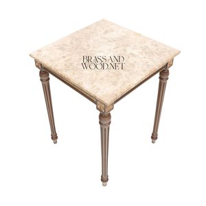 Table d'appoint carrée de luxe avec plateau en marbre beige naturel et pieds en bois cannelé classiques pour une décoration élégante d'angle de la maison - Product Image 5