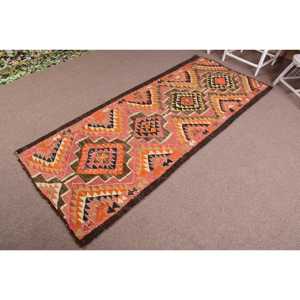 Turkish Rug, 3.3x8.2 ft Area Rug, <b>Red</b> Orange Kilim <b>Wool</b> Rug - Product Image 2