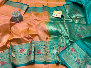 Sari authentique en soie pure Banarasi Katan, tissé à la main, traditionnel, protection solaire, séchage rapide, riche tissage Zari contrasté - Product Image 3