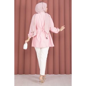 Blusa de Mujer con Detalle de Encaje a Rayas, Color Rosa, Tejido de Popelina, Talla XL, Corte Holgado, Estilo Informal para Oficina, Método de Tejido Tejido, Primavera - Product Image 4