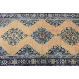 Tapis en laine beige bleu classique 4.1 x 11.2ft patchwork rectangle turc fait à la main avec support en latex grande taille pour salon adolescent - Product Image 5